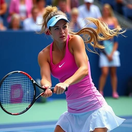 Azione di gioco durante una partita di tennis femminile agli US Open