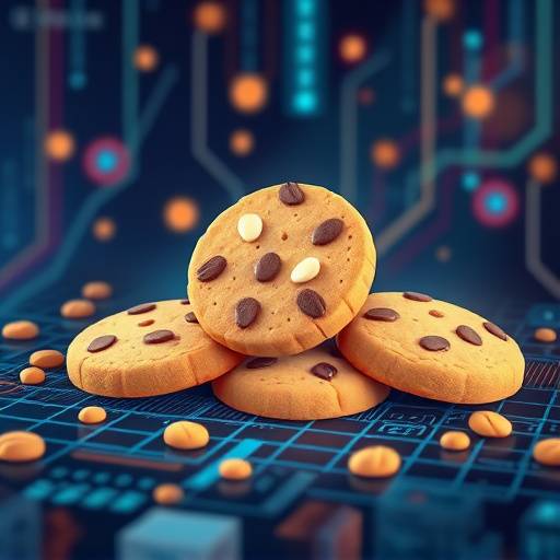 Illustrazione di diversi tipi di cookie, rappresentati come biscotti digitali, su uno sfondo tecnologico
