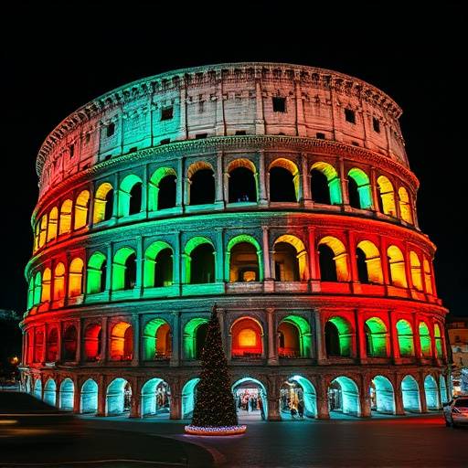 Immagine del Colosseo illuminato di verde, bianco e rosso per celebrare la festa nazionale.